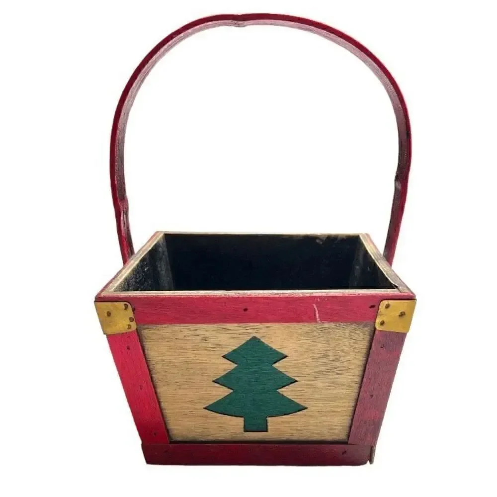 Vintage Christmas pine tree wooden basket